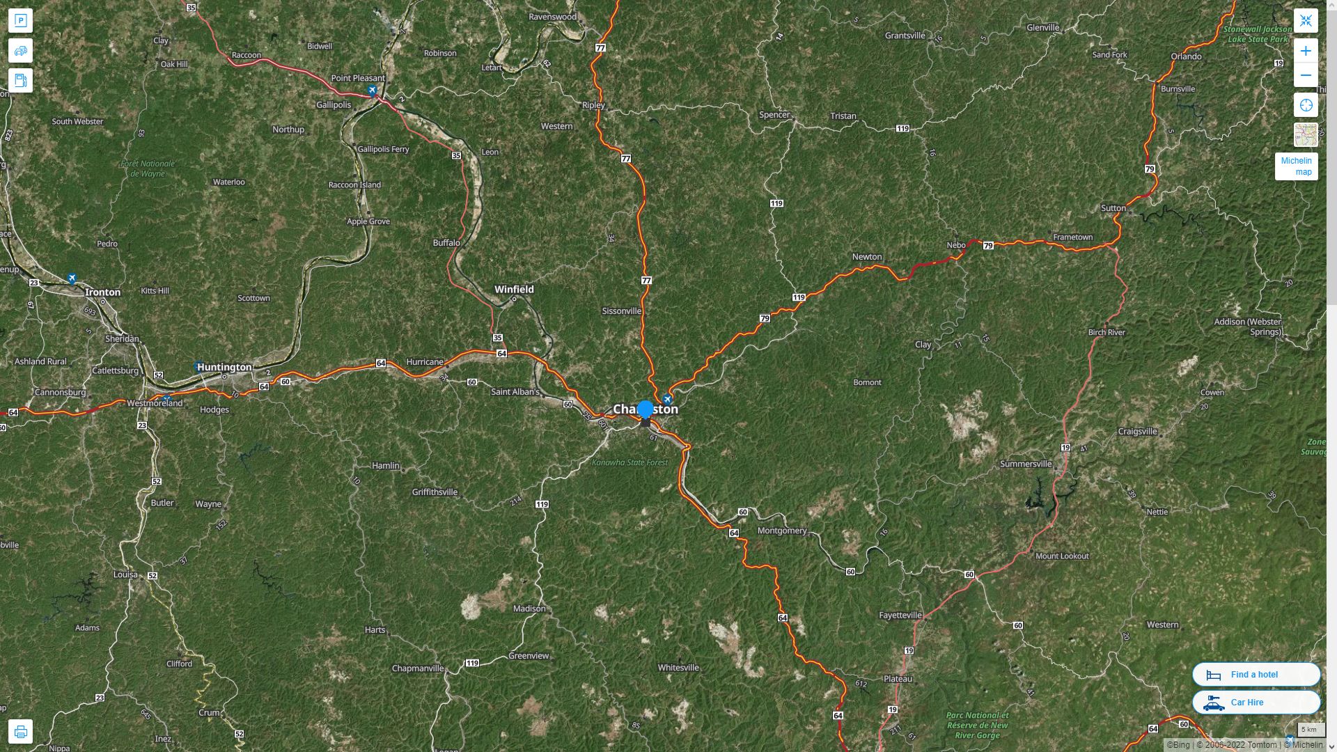 Charleston West Virginia Highway and Road Map with Satellite View
